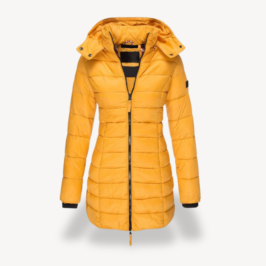 Willow hooded longline puffer jacket in yellow, front view
