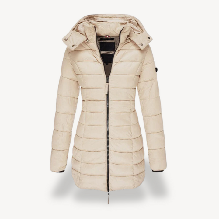 Willow hooded longline puffer jacket in beige, front view
