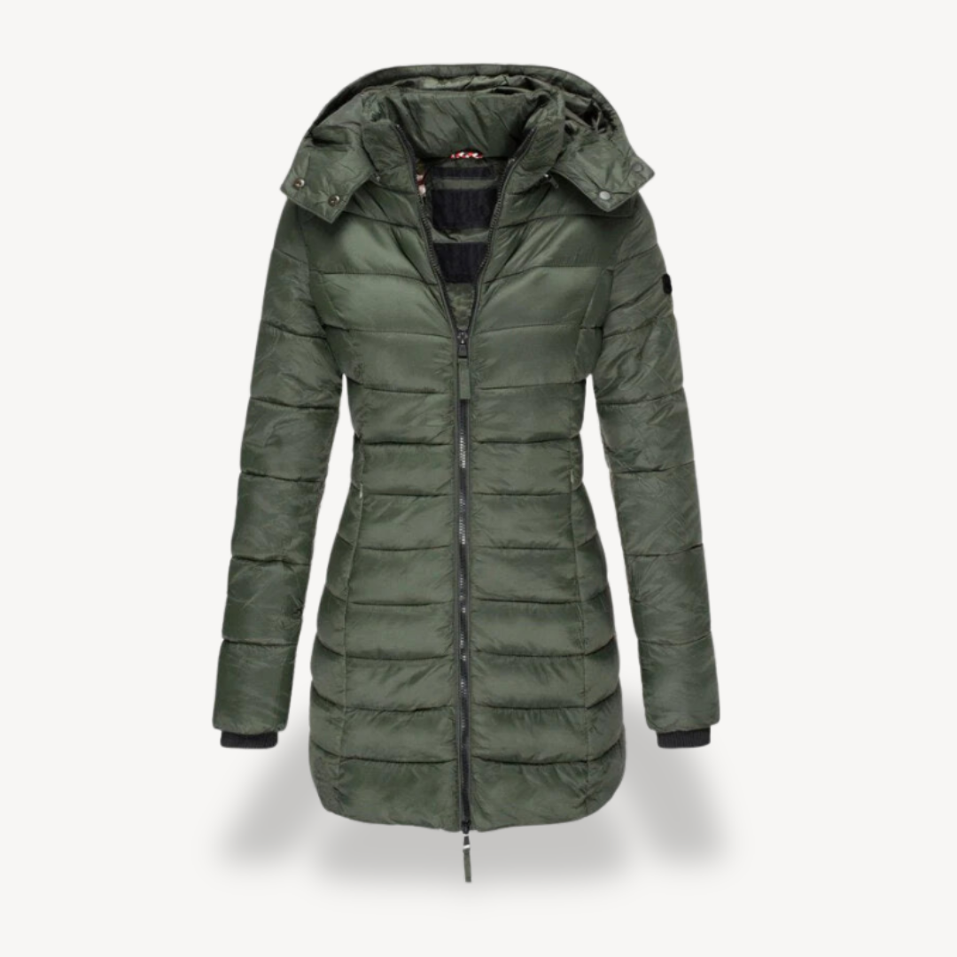 Willow hooded longline puffer jacket in green, front view