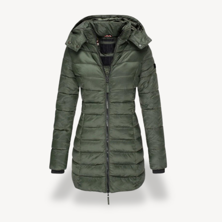 Willow hooded longline puffer jacket in green, front view