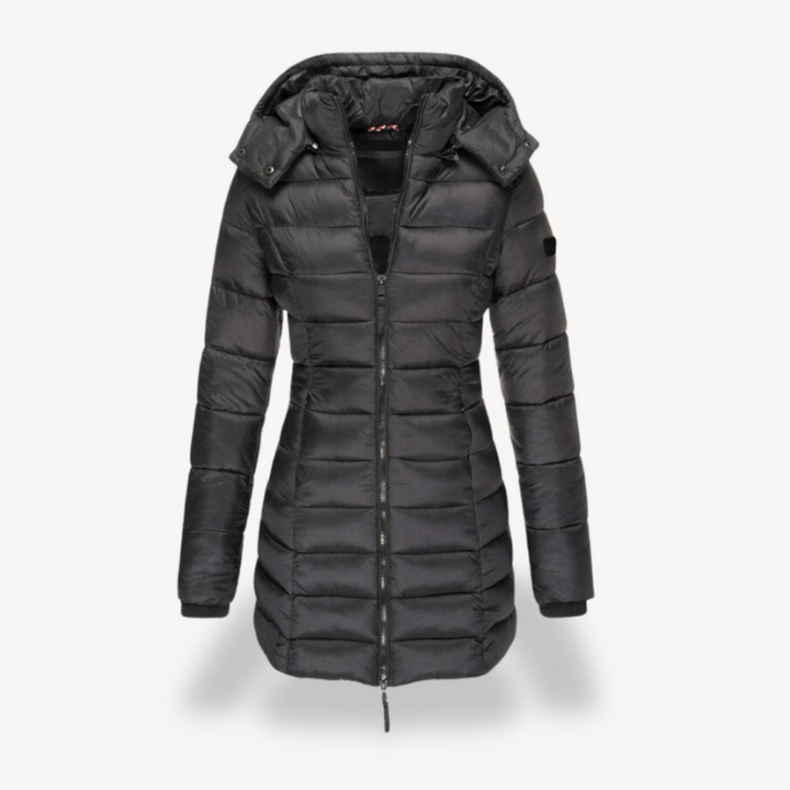Willow hooded longline puffer jacket in black, front view