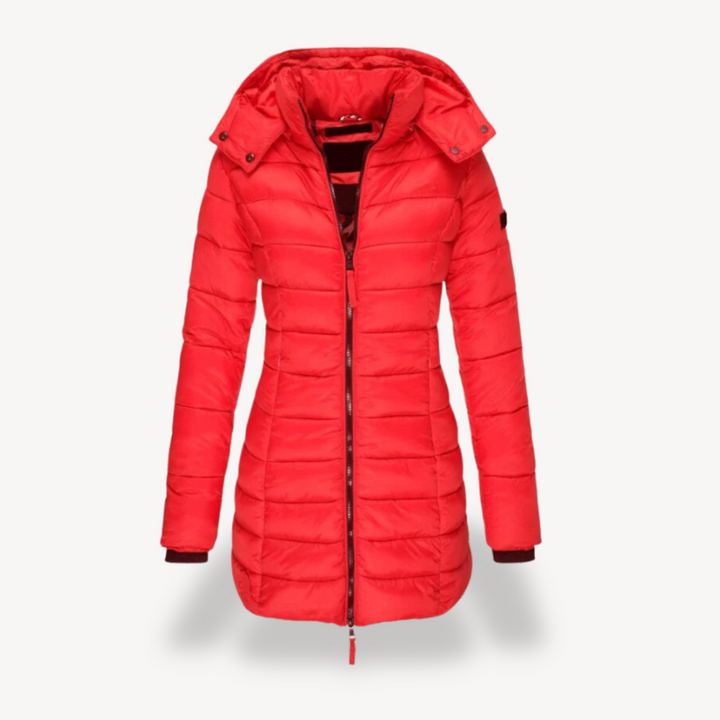 Willow hooded longline puffer jacket in red, front view