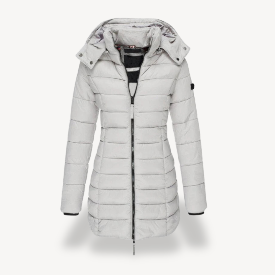 Willow hooded longline puffer jacket in light gray, front view