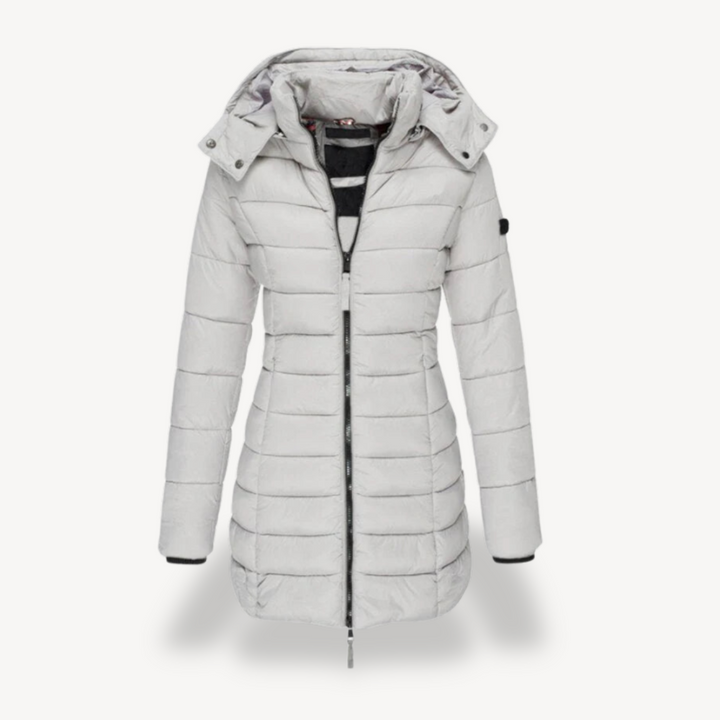 Willow hooded longline puffer jacket in light gray, front view