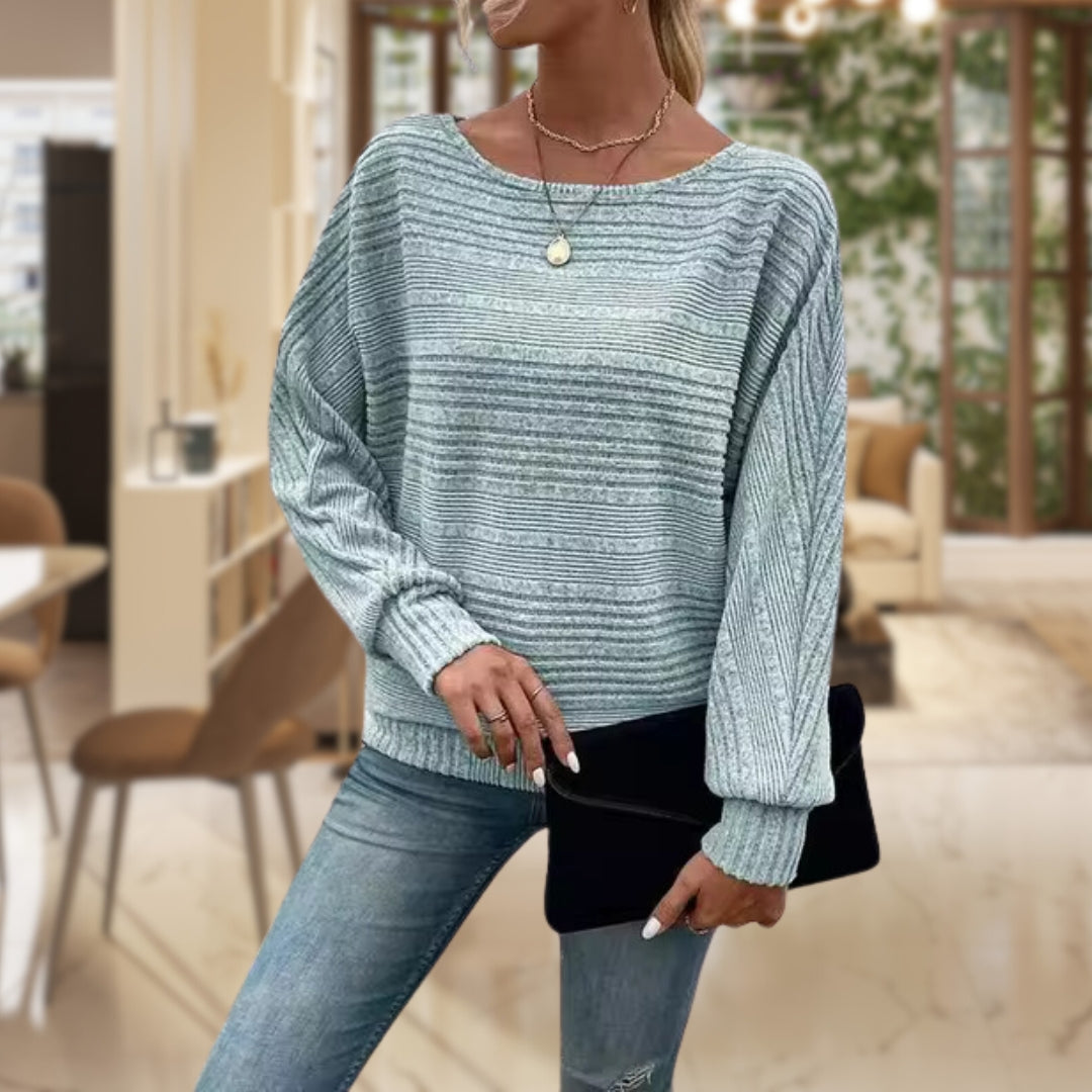 Marigold ribbed boat neck sweater in light teal, front view