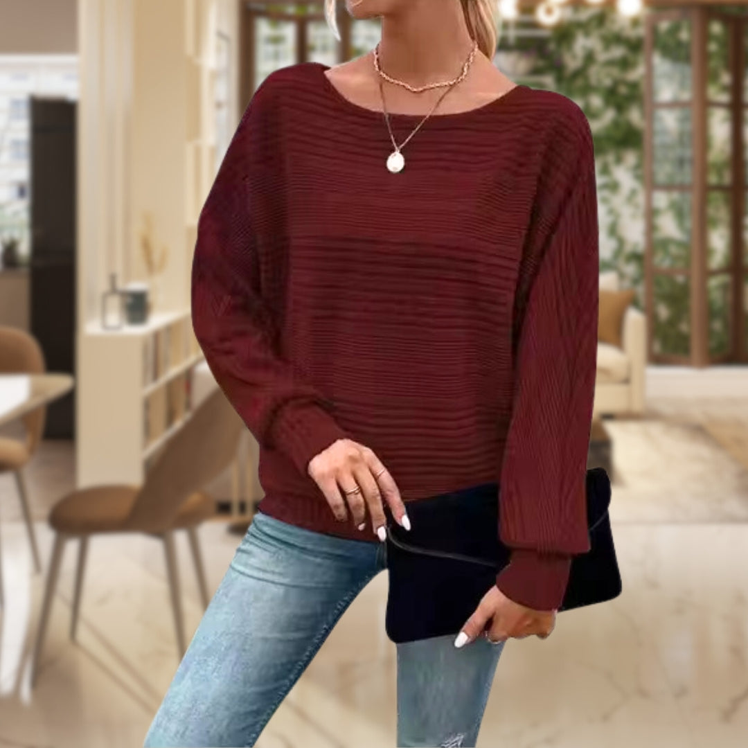 Marigold ribbed boat neck sweater in burgundy, front view