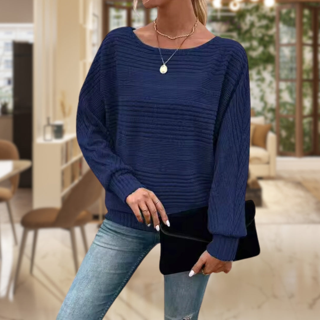 Marigold ribbed boat neck sweater in navy, front view