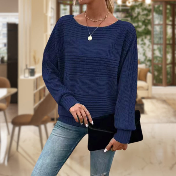 Marigold ribbed boat neck sweater in navy, front view