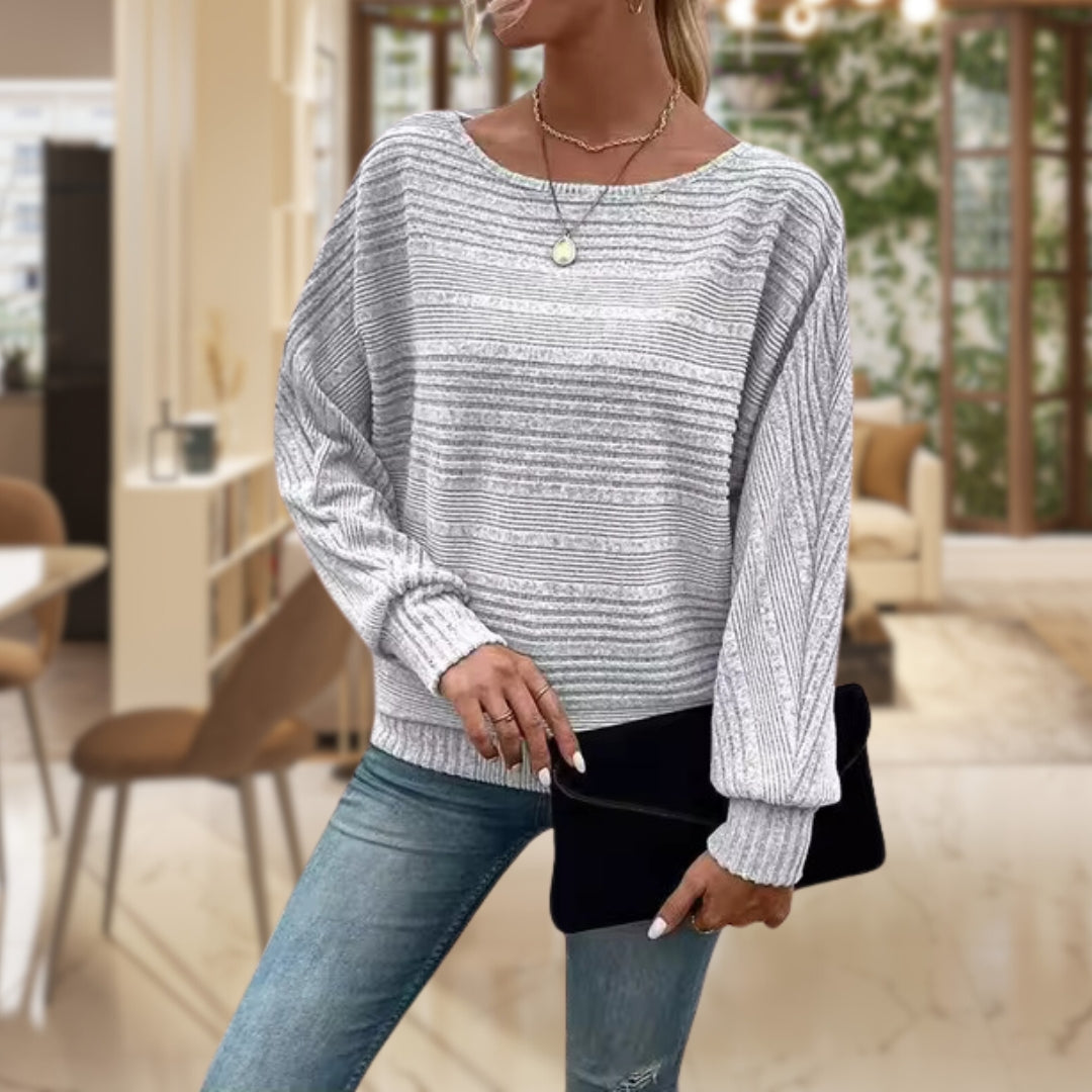 Marigold ribbed boat neck sweater in light gray, front view