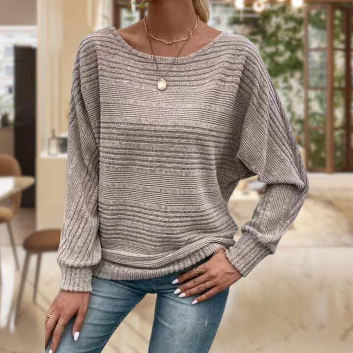 Marigold ribbed boat neck sweater in light gray, front view