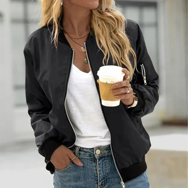 Marisol classic bomber jacket in black, front view with zipper detail