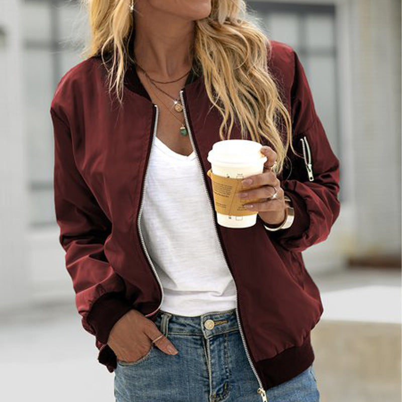 Marisol classic bomber jacket in burgundy, front view with ribbed cuffs