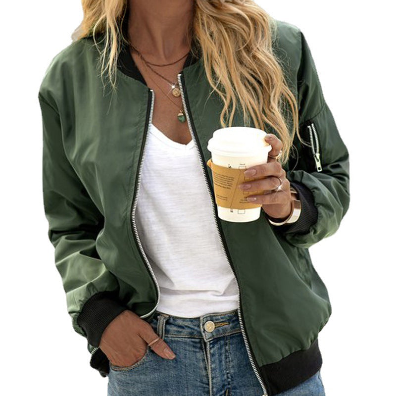 Marisol classic bomber jacket in army green, front view with zippered sleeve pocket