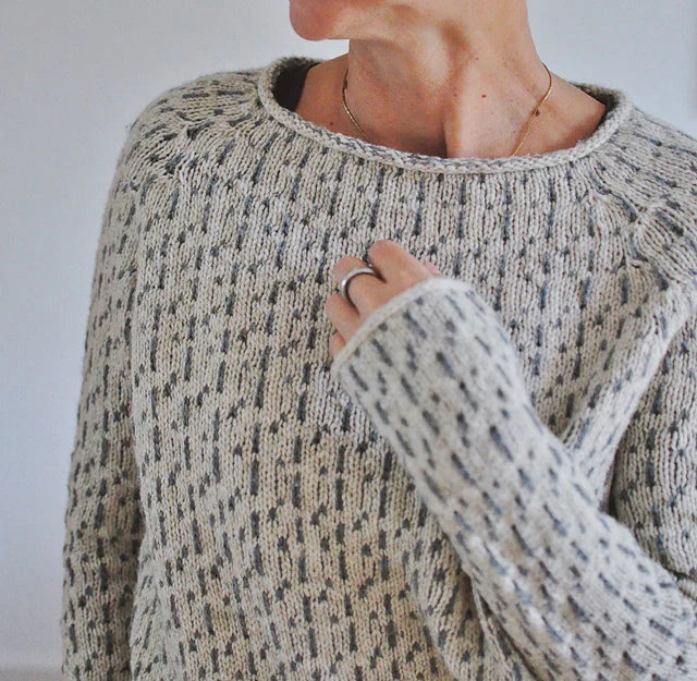 Rosamund crew neck sweater detail, neckline and sleeve close-up