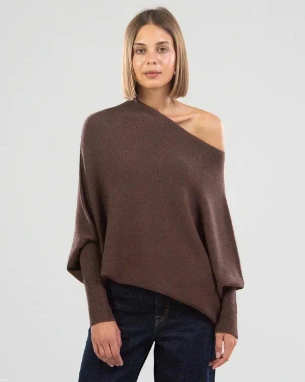 Isolde draped boat neck sweater in green, off-shoulder front view