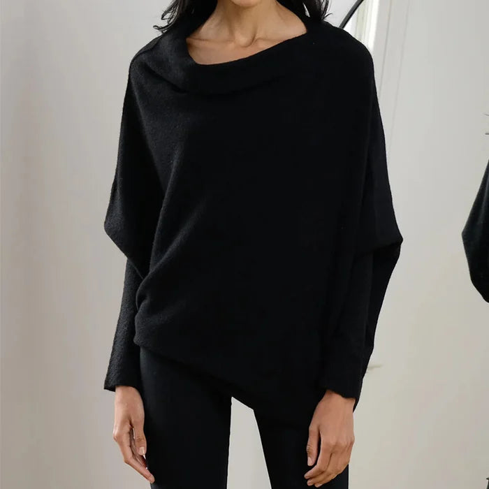 Isolde draped boat neck sweater in black, front view