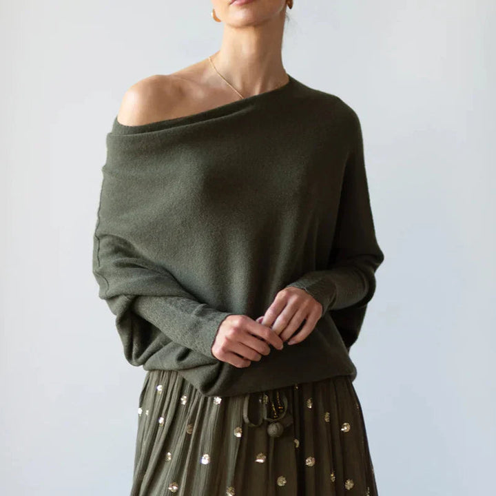 Isolde draped boat neck sweater in green, off-shoulder front view