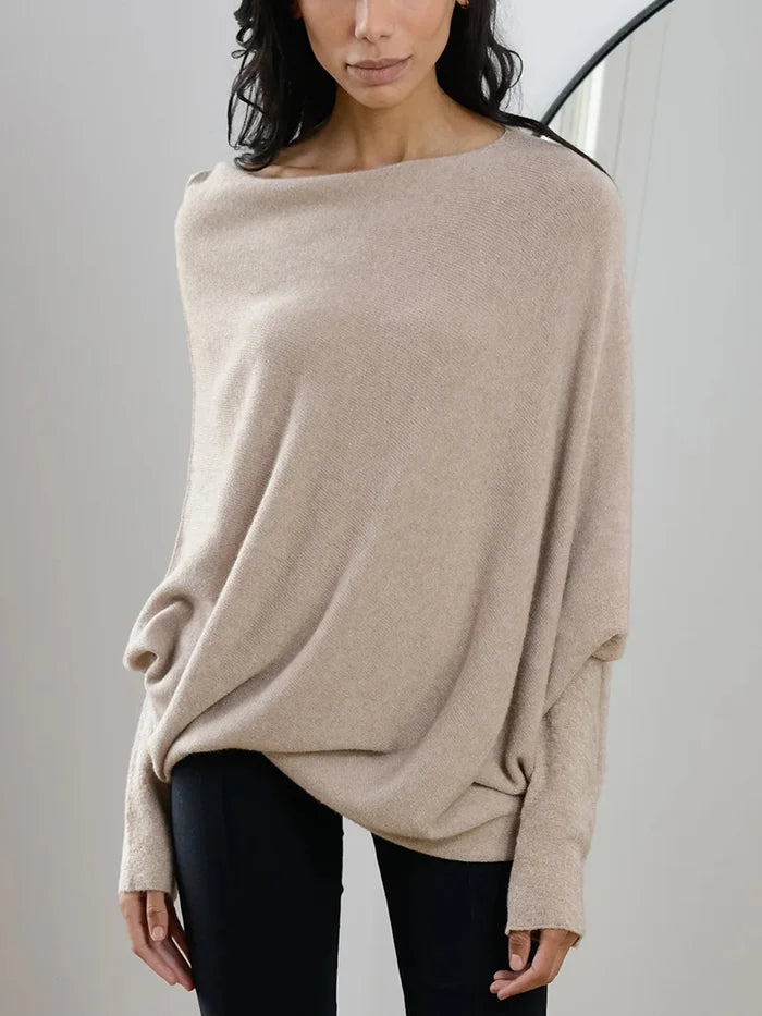 Isolde draped boat neck sweater in green, off-shoulder front view