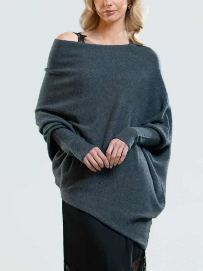 Isolde draped boat neck sweater in green, off-shoulder front view