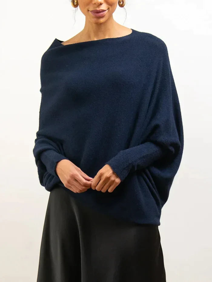 Isolde draped boat neck sweater in green, off-shoulder front view