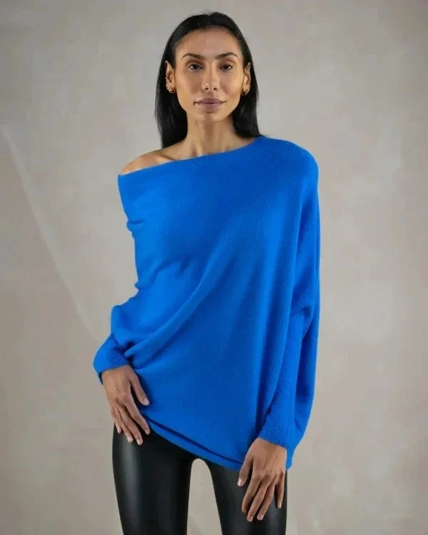 Isolde draped boat neck sweater in green, off-shoulder front view