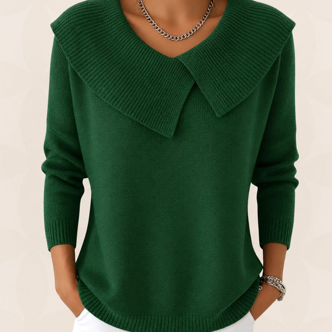 Vienna green fold collar knit sweater, front view close-up