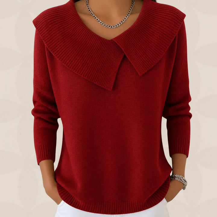 Vienna red fold collar knit sweater, front view close-up