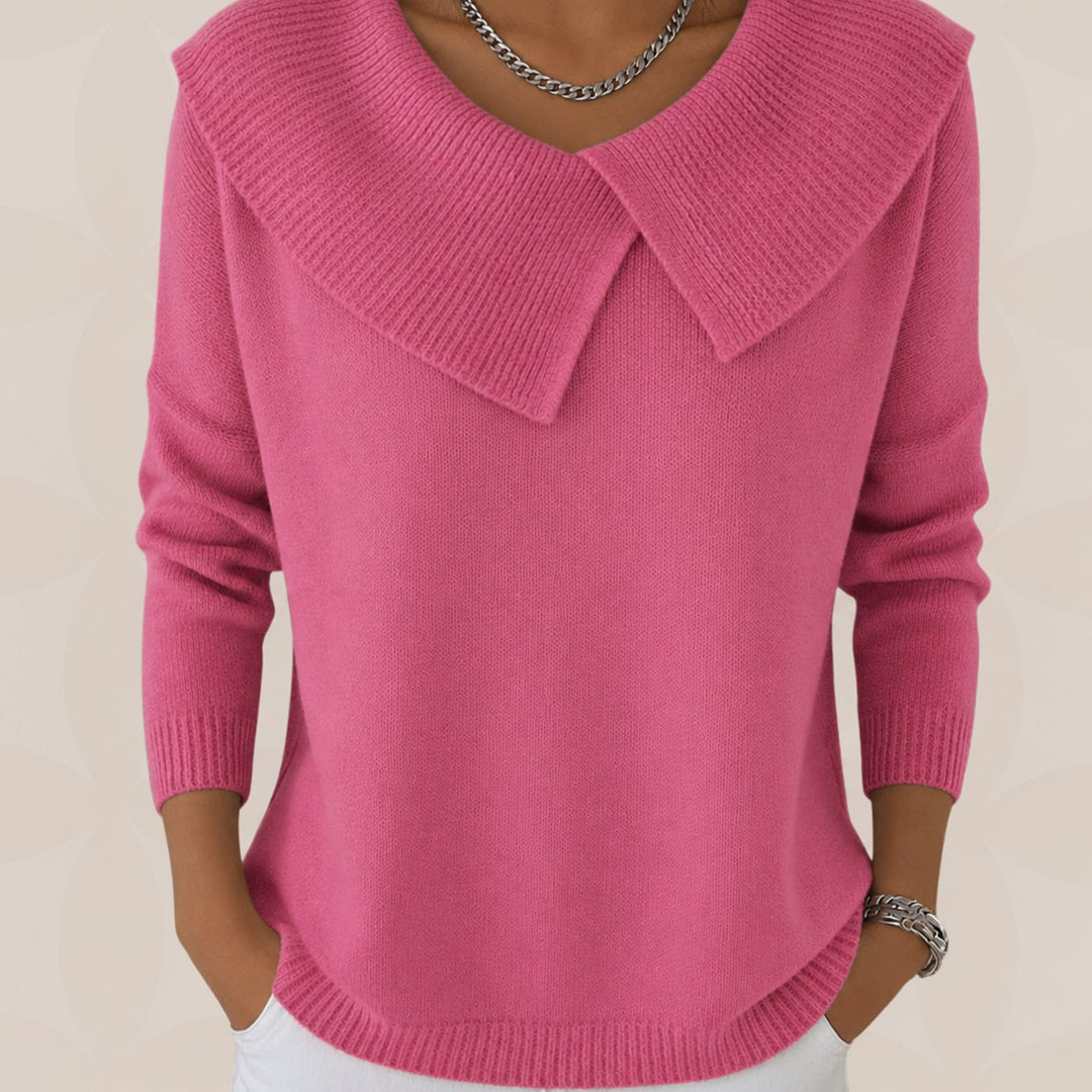 Vienna pink fold collar knit sweater, front view close-up