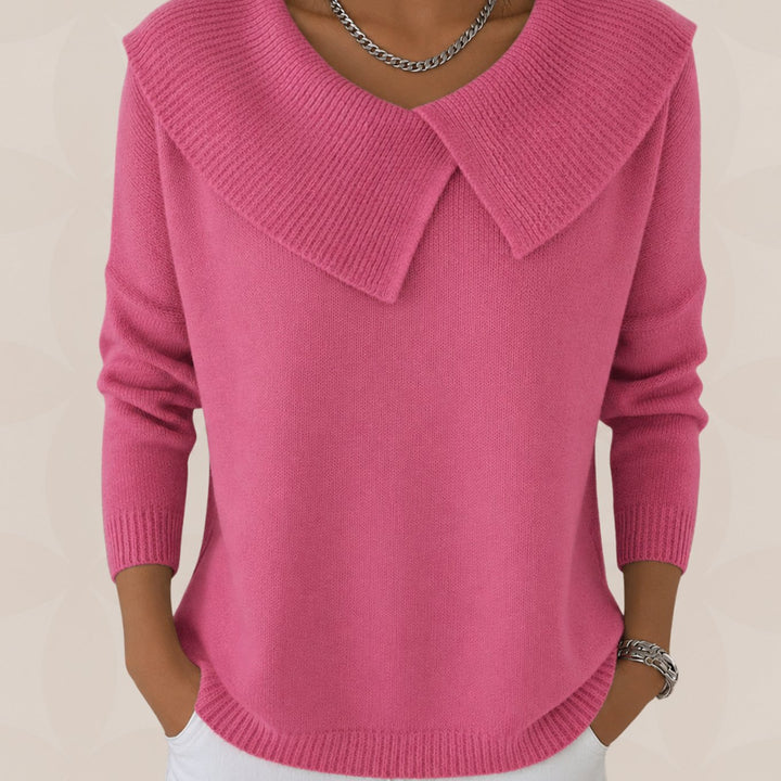 Vienna pink fold collar knit sweater, front view close-up