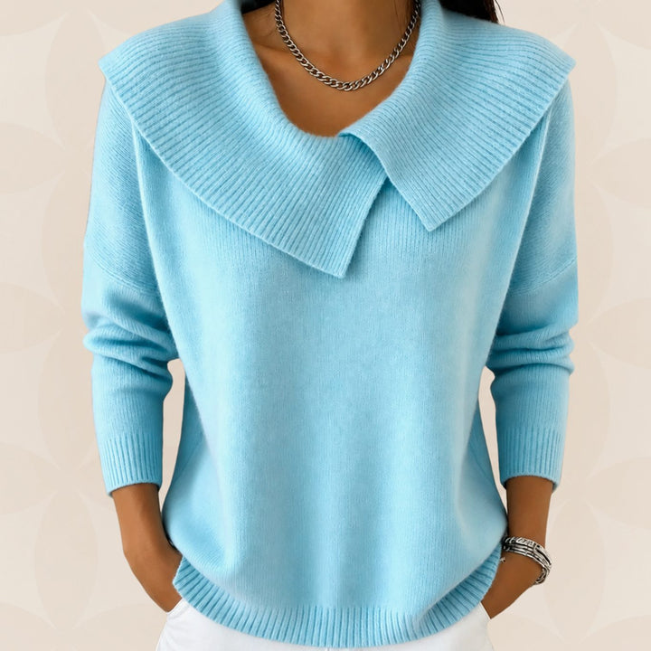 Vienna light blue fold collar knit sweater, front view close-up
