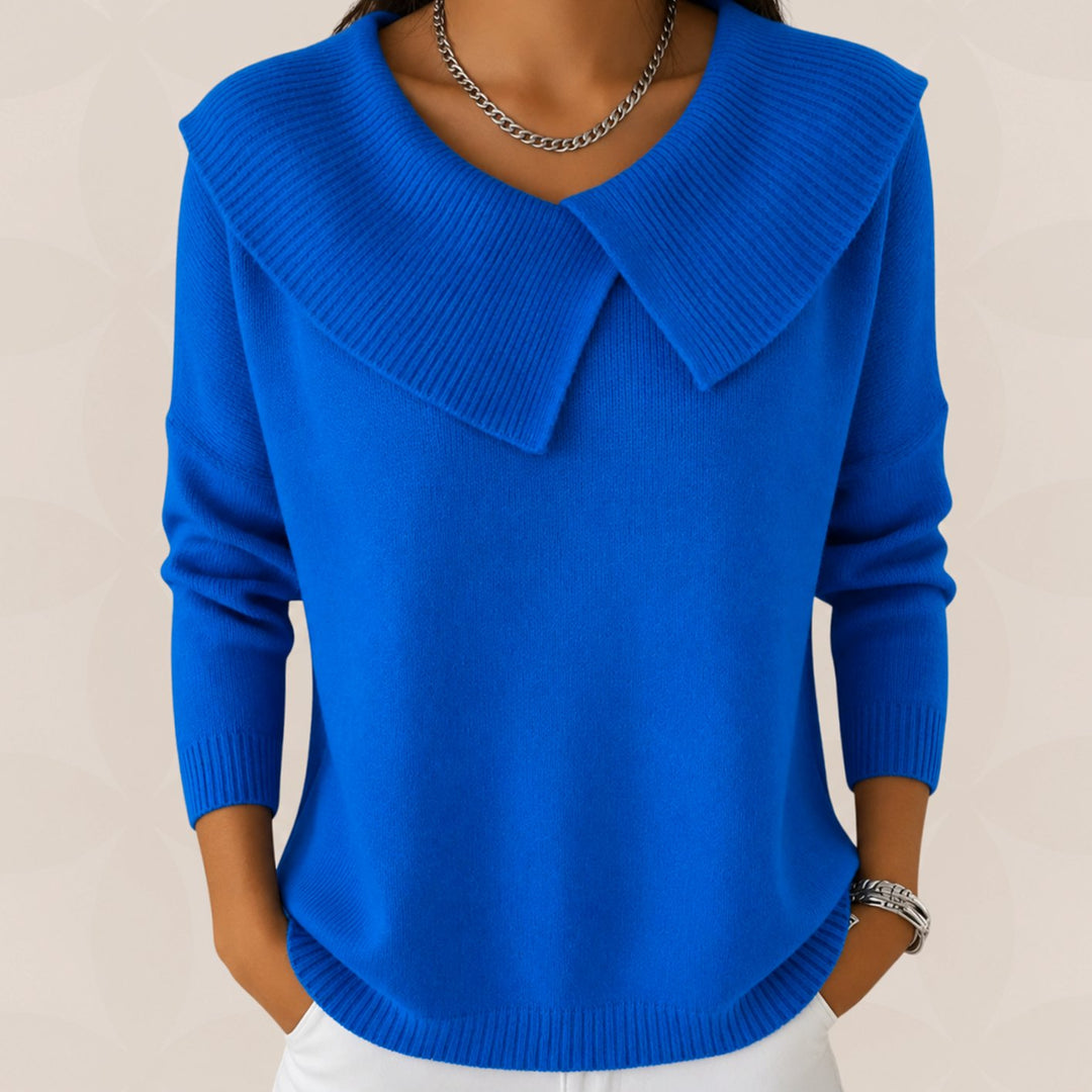 Vienna light blue fold collar knit sweater, front view close-up