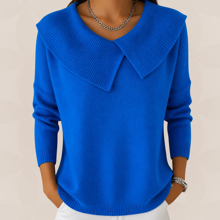 Vienna light blue fold collar knit sweater, front view close-up