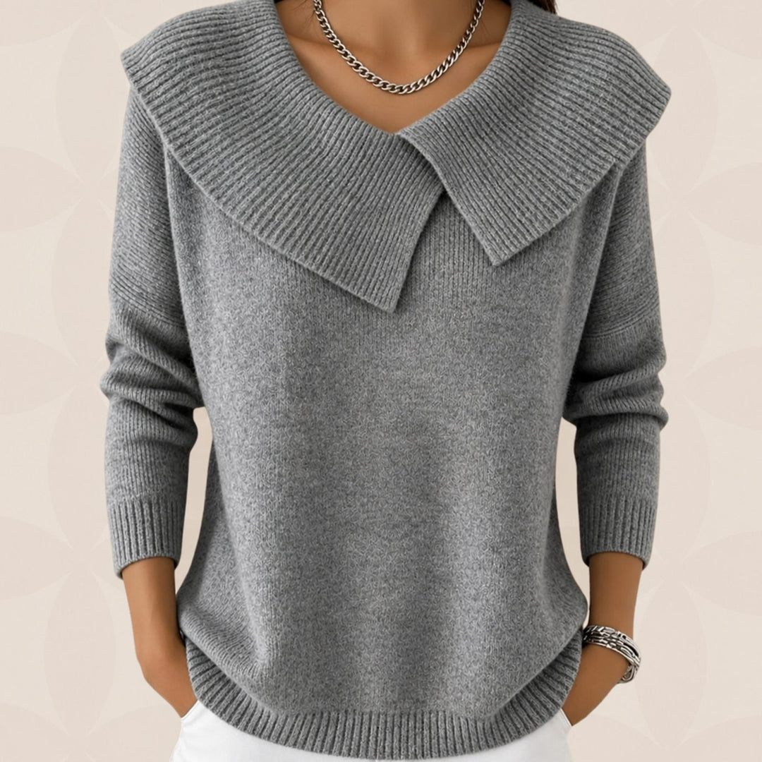 Vienna light blue fold collar knit sweater, front view close-up