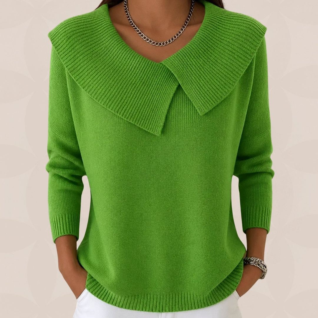Vienna light blue fold collar knit sweater, front view close-up