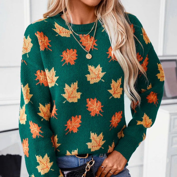 Marielle leaf print crew neck sweater, front view close-up