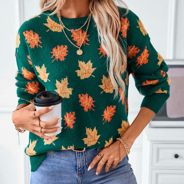 Marielle leaf print sweater, front view with coffee cup