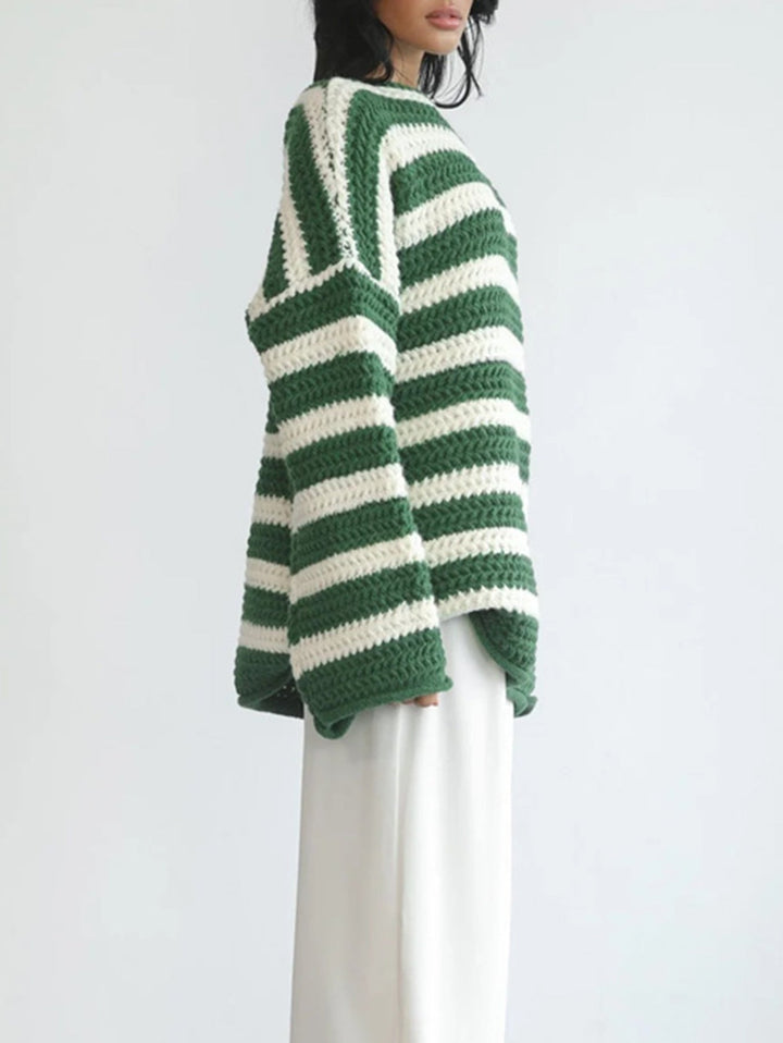 Thalia green and white striped sweater, side profile