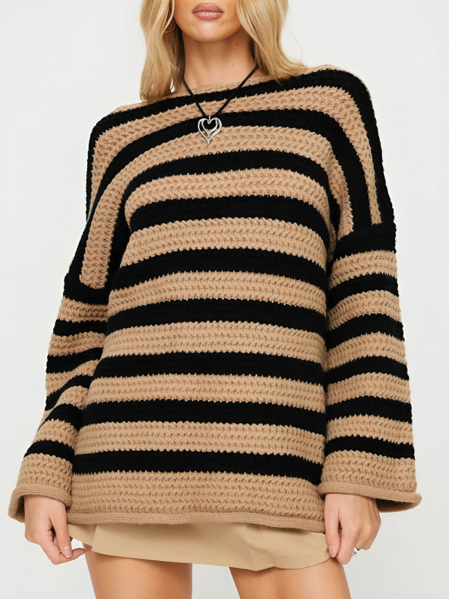 Thalia sweater in brown and black stripe colorway, front view
