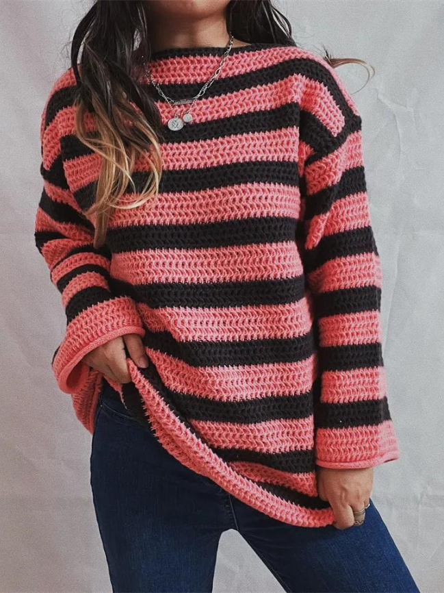 Thalia sweater in brown and black stripe colorway, front view