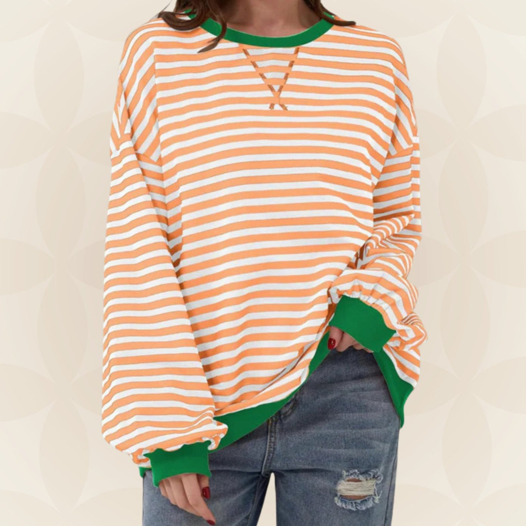Odette oversized striped crew neck sweater in light blue with yellow contrast trim, front view