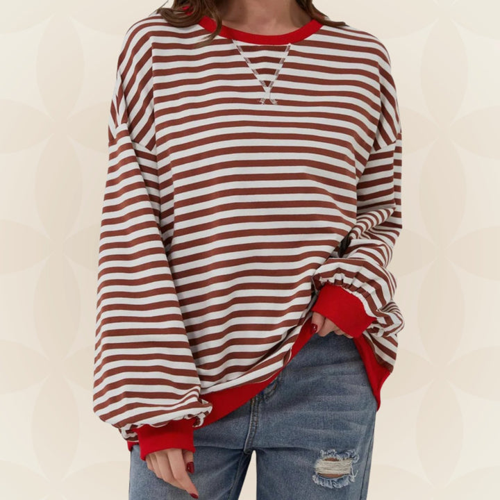 Odette oversized striped crew neck sweater in light blue with yellow contrast trim, front view