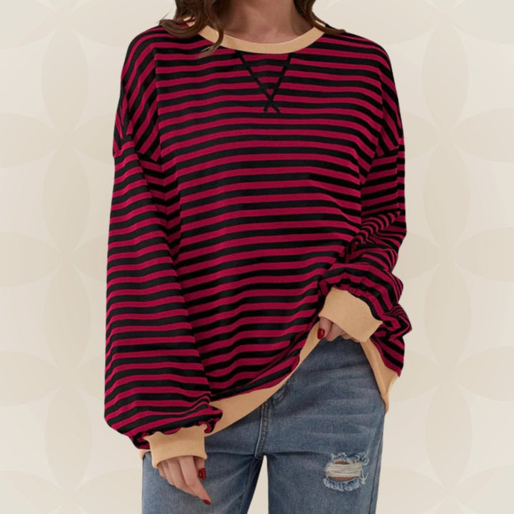 Odette oversized striped crew neck sweater in light blue with yellow contrast trim, front view