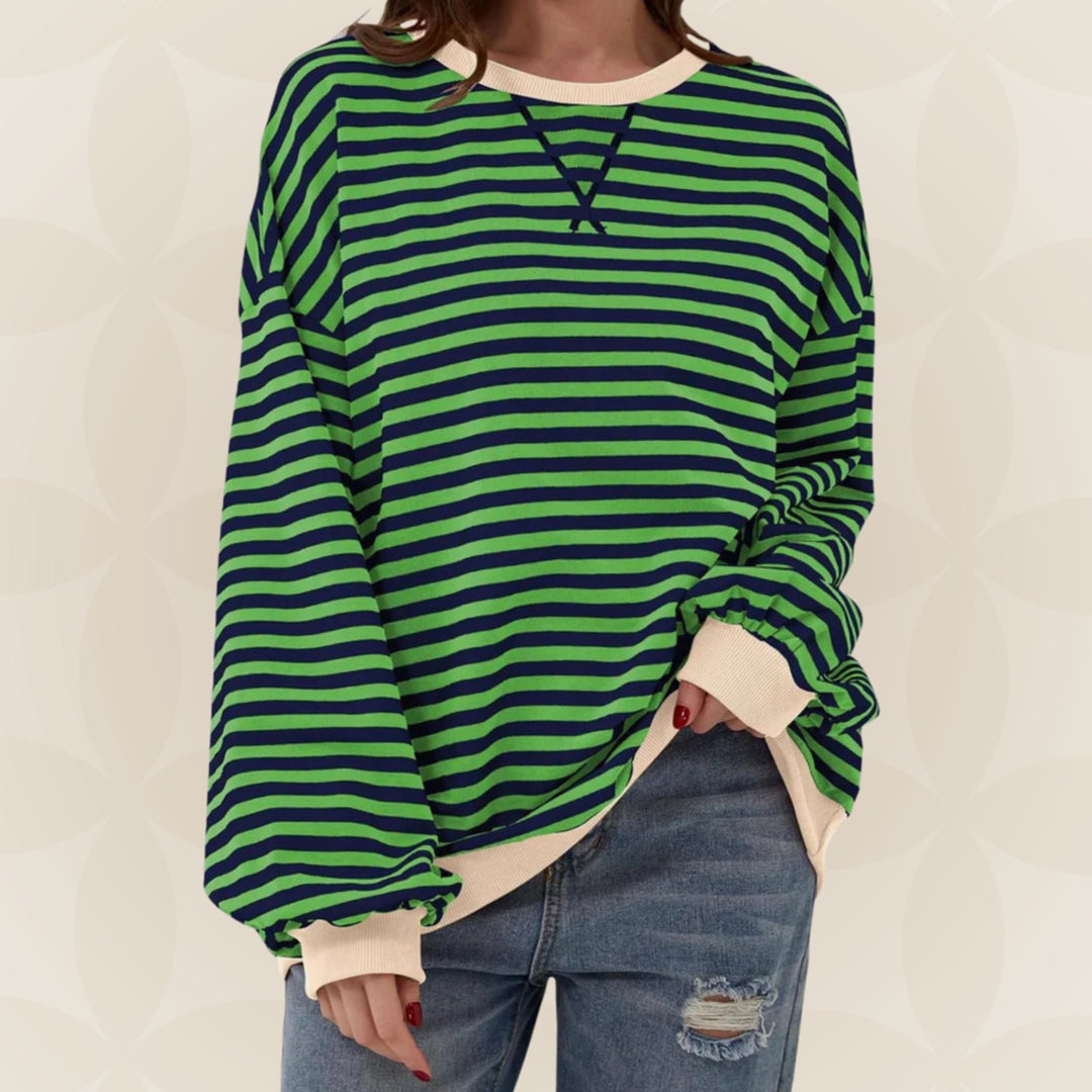 Odette oversized striped crew neck sweater in light blue with yellow contrast trim, front view