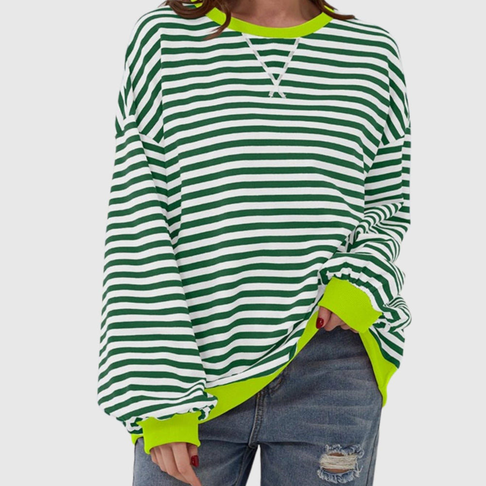 Rosalie oversized striped sweater in green stripe with contrast ribbed trim