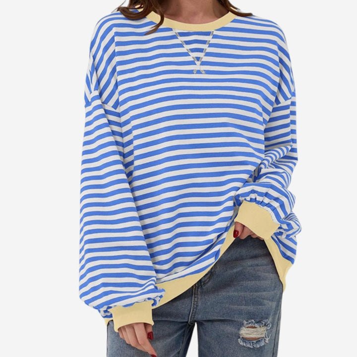 Rosalie oversized striped sweater in blue stripe, front view
