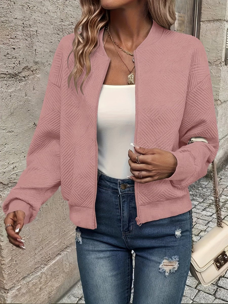 Delphine quilted zip-up bomber jacket in pink, front view close-up
