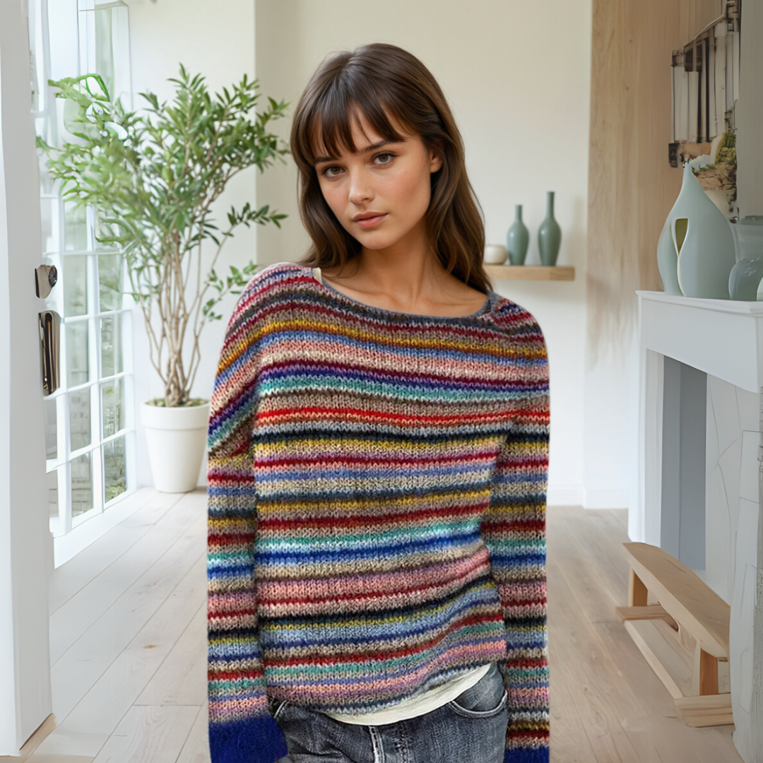 Rosamund wearing striped boat neck long sleeve sweater, front view