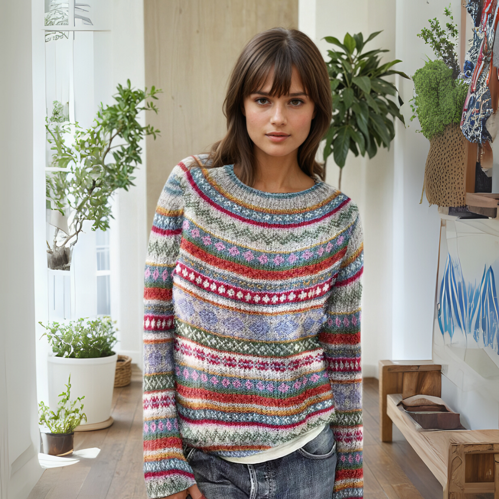 Rosamund wearing striped knit pullover sweater with patterned detail