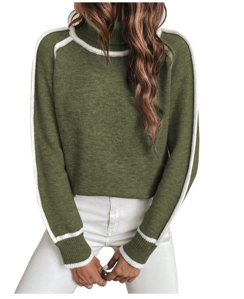 Wren turtleneck pullover sweater in olive green, front view