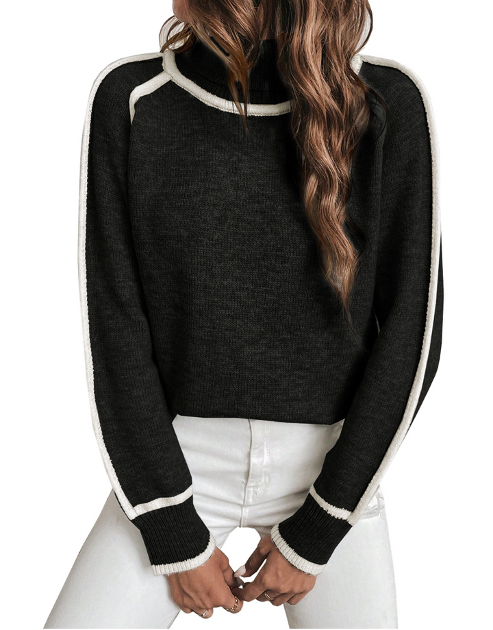 Wren turtleneck pullover sweater in brown, close-up front view
